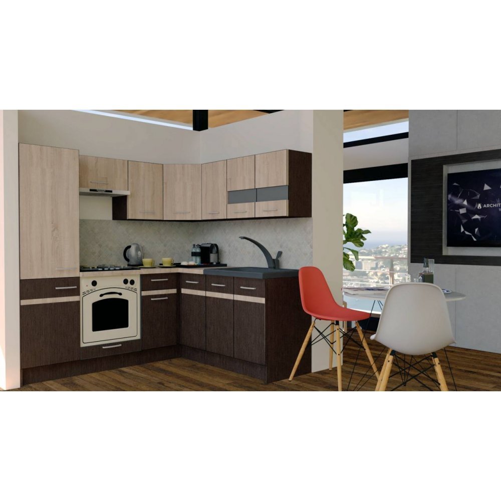 Bucatarie de Colt GENA NEW 7 DR. 180-210, Cu Corp de Cuptor, Wenge / Stejar Sonoma