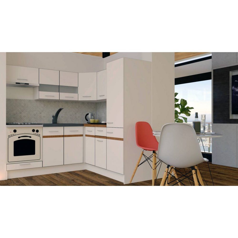 Bucatarie de Colt GENA NEW 9 DR. 190-200, Cu Corp de Cuptor, Alb / Alb Bucatarie de Colt GENA NEW 9 DR. 190-200, Cu Corp de Cuptor, Alb / Alb